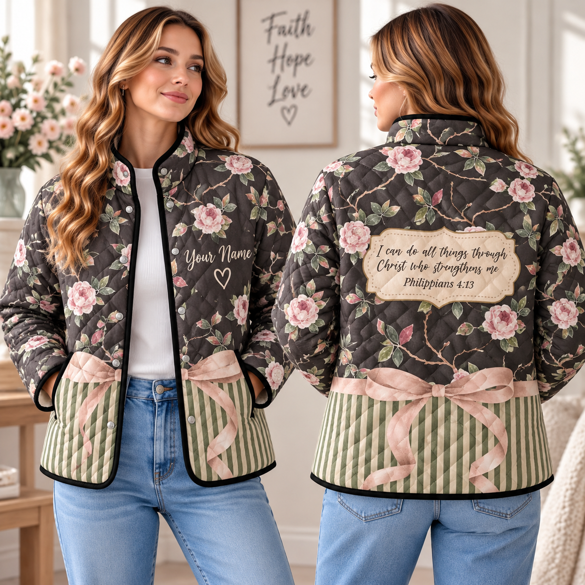 Personalized Rose Floral Quilted Jacket