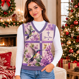 Personalized Lilac Hummingbird Knitted V-Neck Vest
