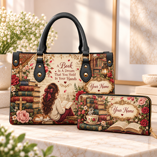 Personalized Book Dream Reading Girl PU Leather Handbag & Leather Long Wallet