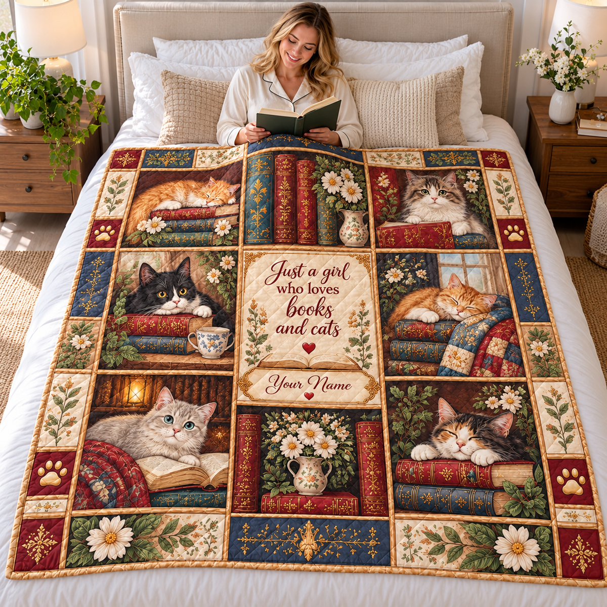 Personalized Books and Cats Quilt