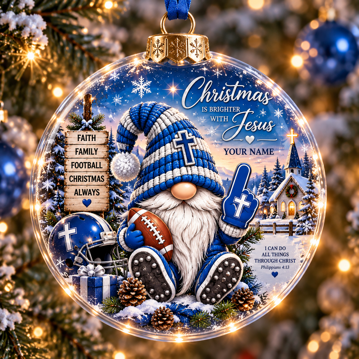 Personalized Blue Football Gnome Christmas Ball Ornament