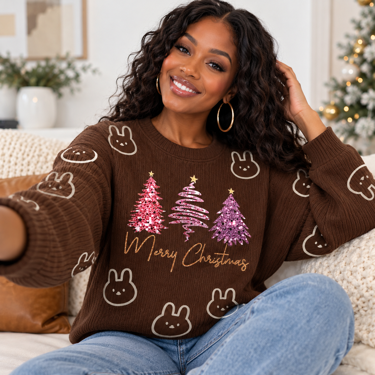 Bunny Pink Trees Waffle Sweatshirt