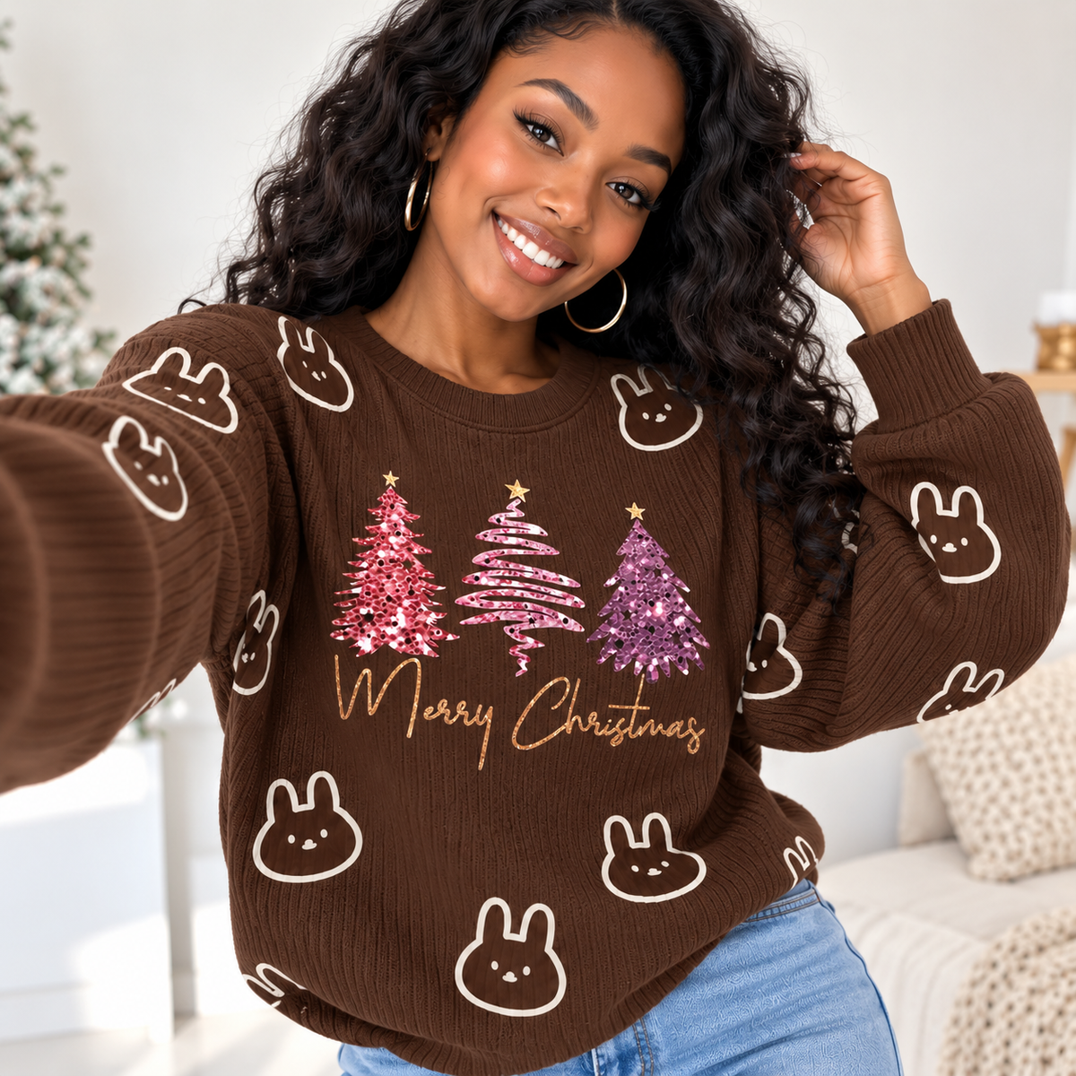 Bunny Pink Trees Waffle Sweatshirt