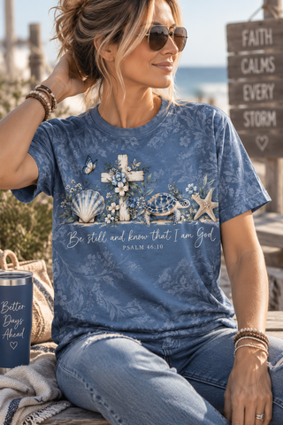 Be Still And Know Psalm 46:10 Coastal Cross Sea Turtle Christian T-Shirt