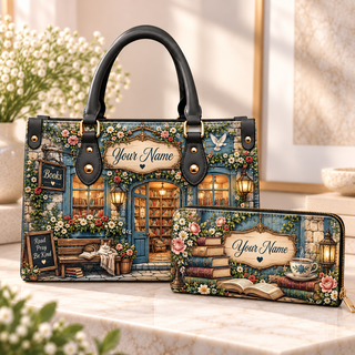 Personalized Blue Cottage Bookshop PU Leather Handbag & Leather Long Wallet