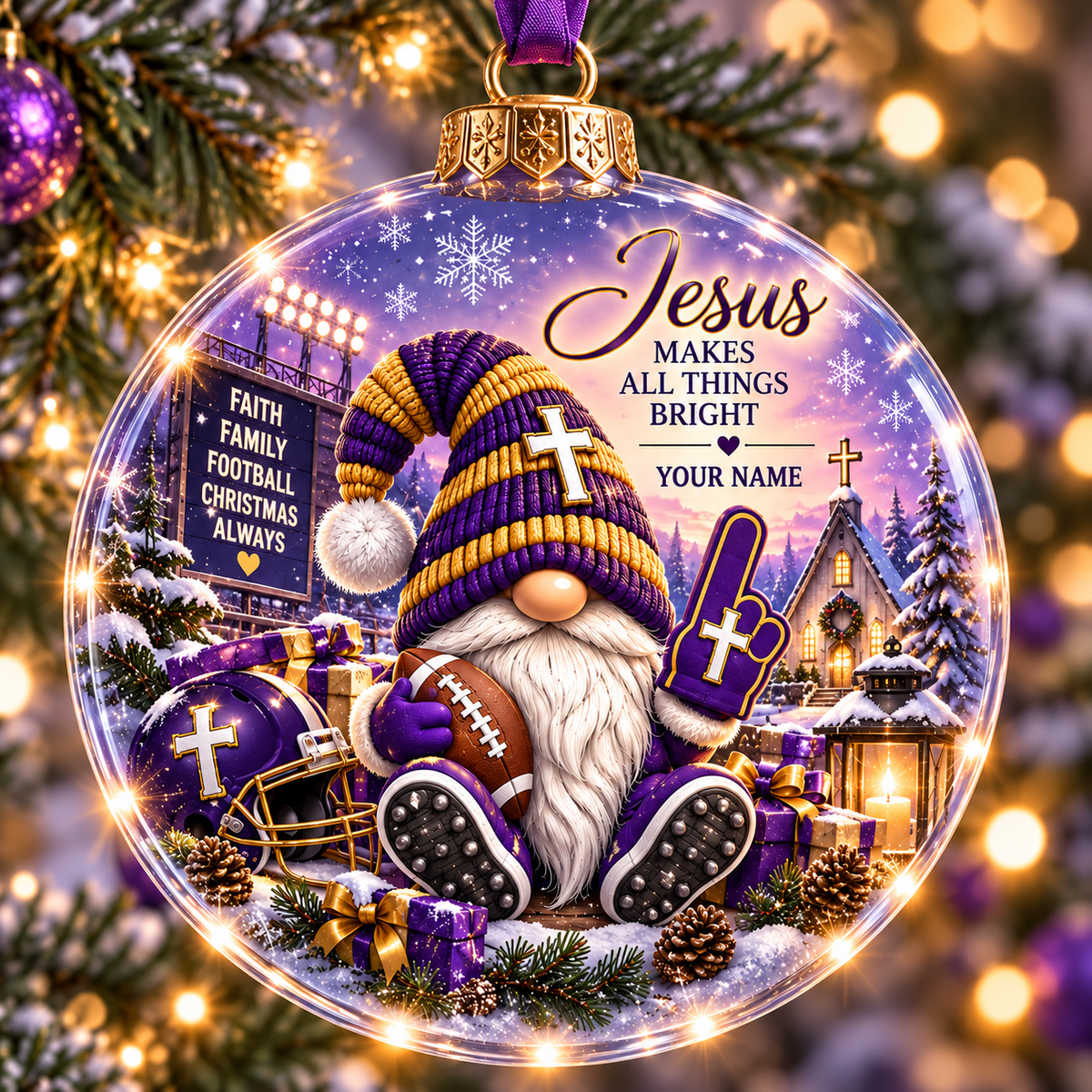 Personalized Purple Gold Football Gnome Christmas Ball Ornament