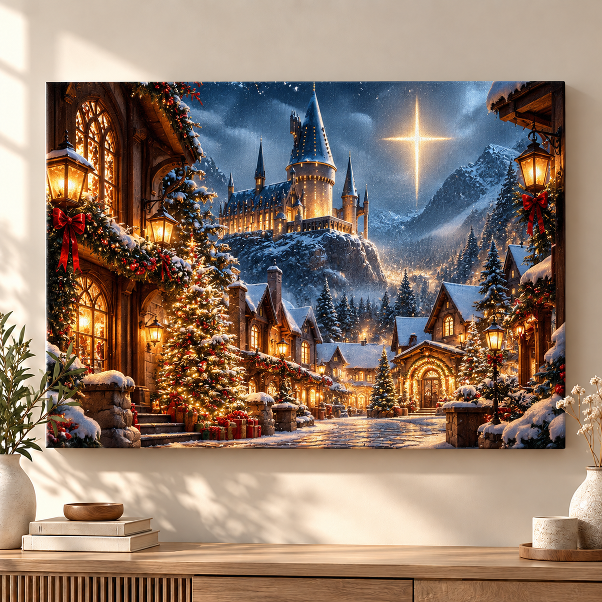 Snowy Christmas Castle Village Canvas