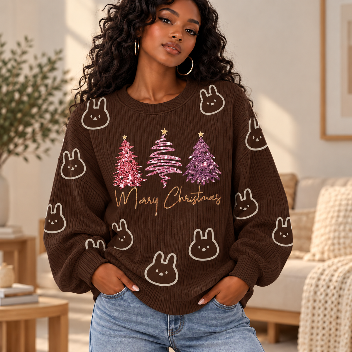 Bunny Pink Trees Waffle Sweatshirt