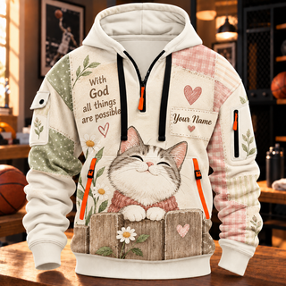 Personalized Smiling Tabby Cat Half-Zip Hoodie