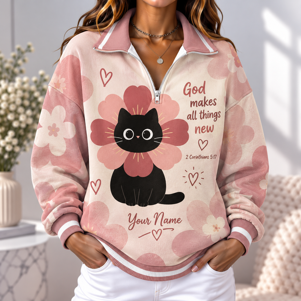 Personalized Pink Flower Cat Women's Half-zip Sweatshirt NWY076