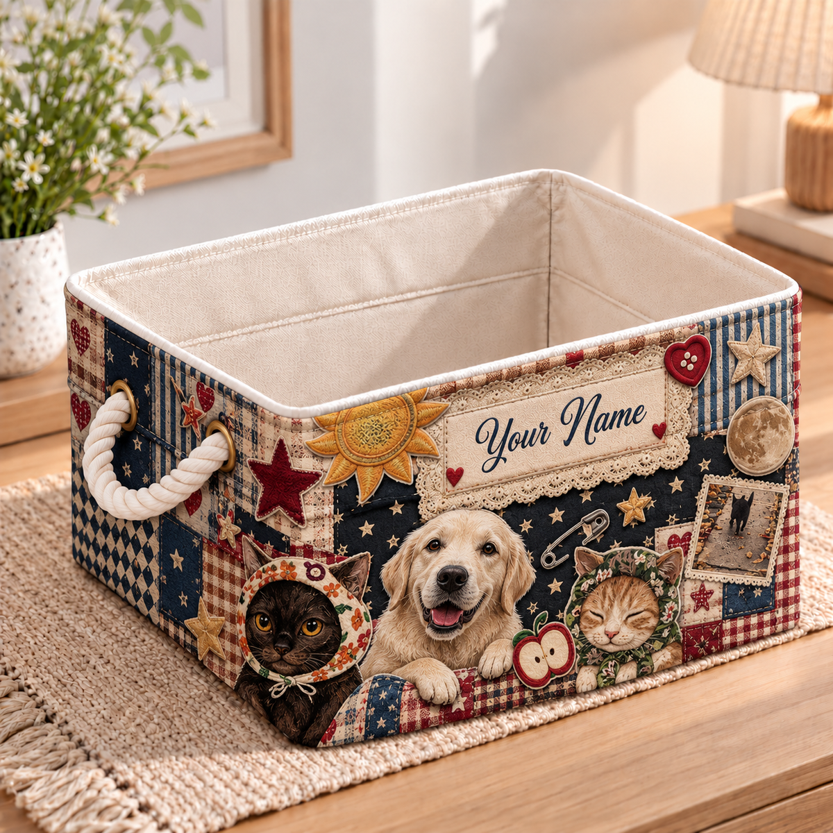 Personalized Dog and Cats Patchwork Storage Basket
