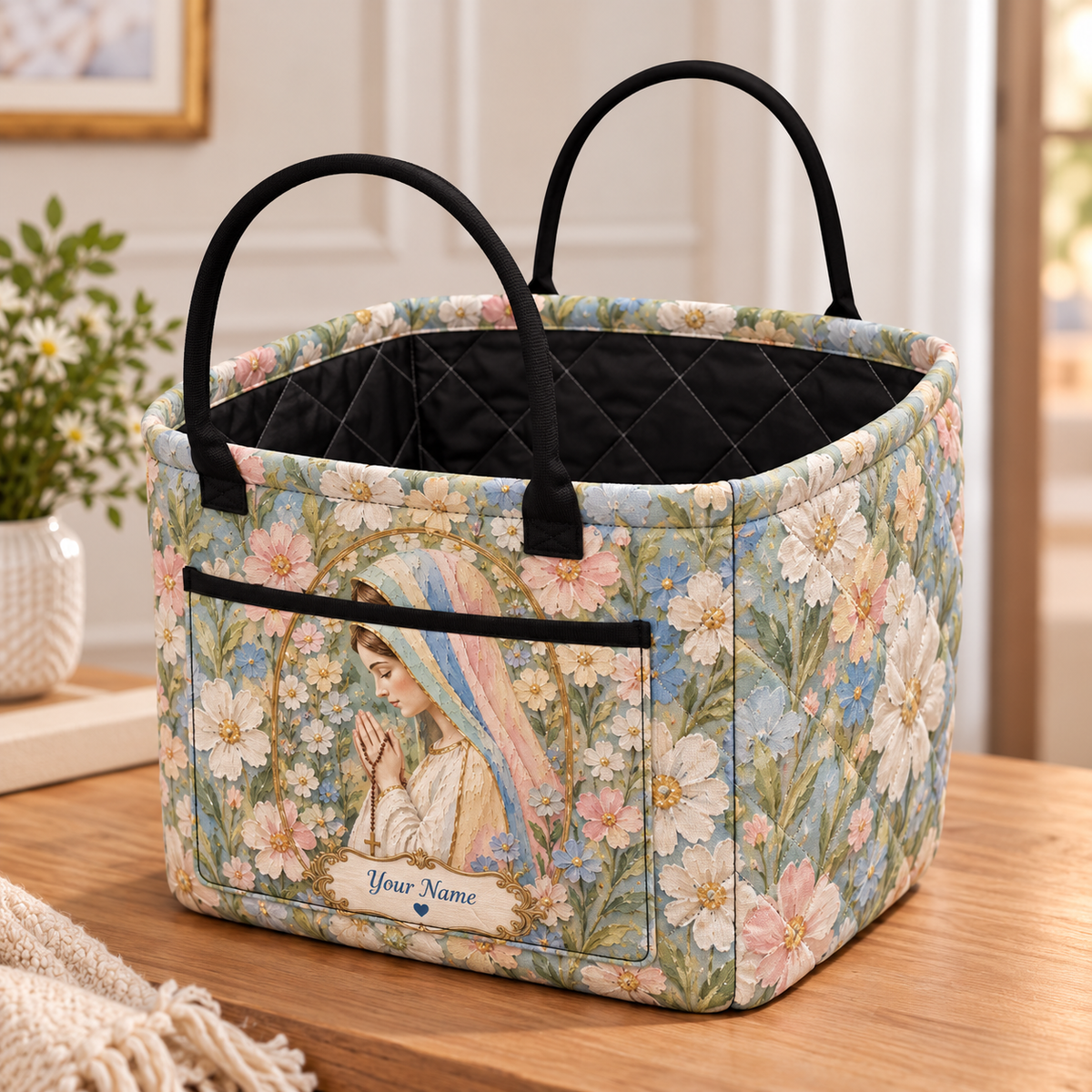 Personalized Pastel Meadow Floral Quilted Storage Basket