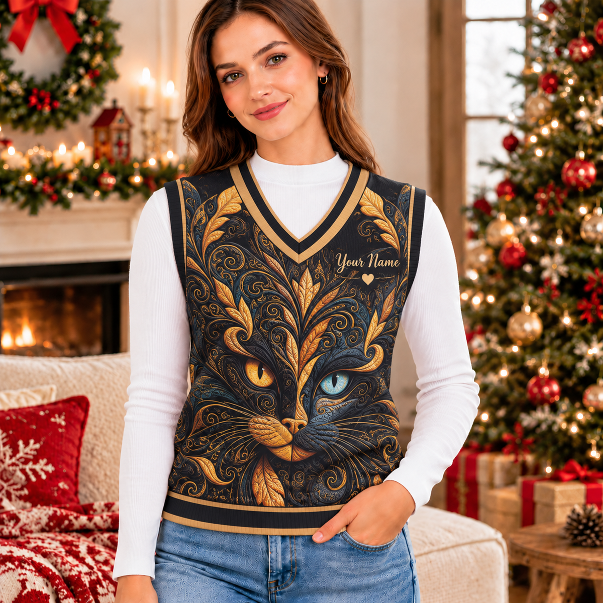 Personalized Gold Filigree Cat Knitted V-Neck Vest