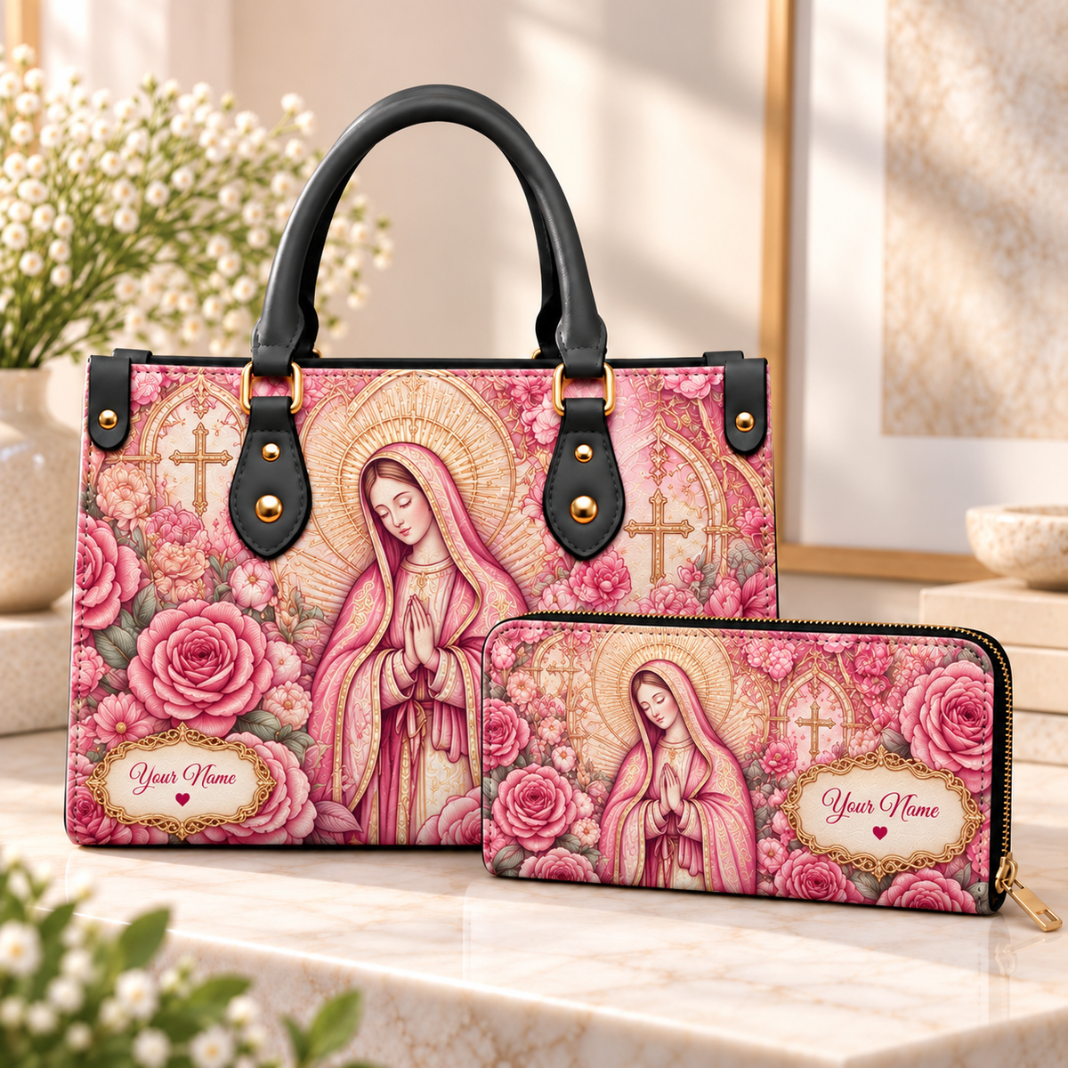 Personalized Pink Woman and Roses PU Leather Handbag & Leather Long Wallet