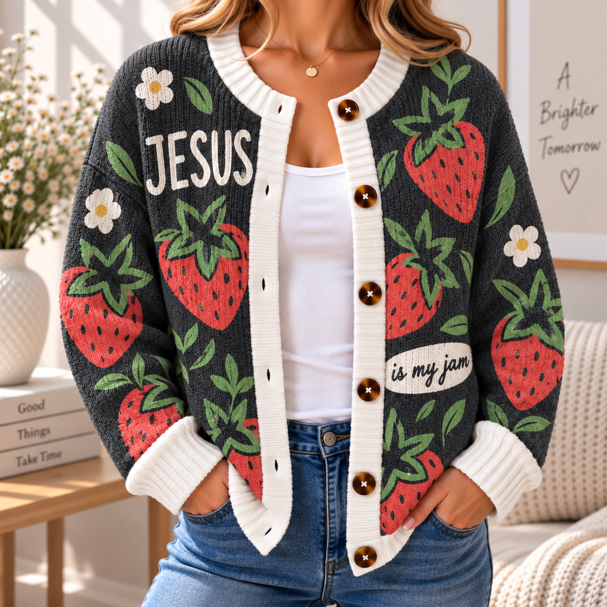 Red Strawberry Women's Cardigan Sweater