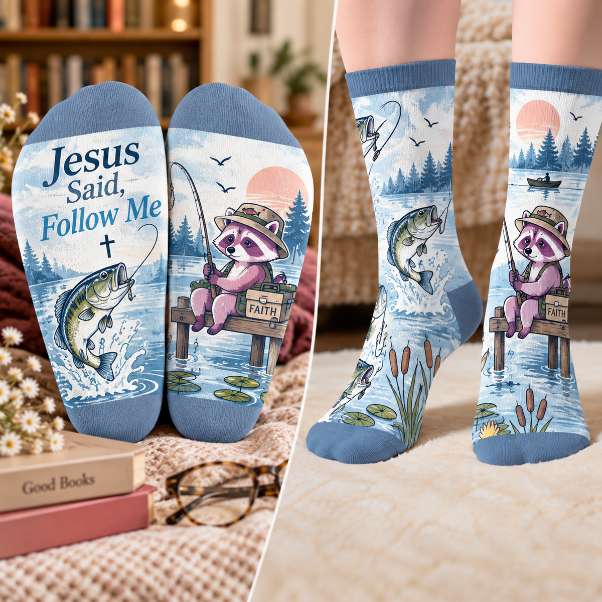 Jesus Said Follow Me Raccoon Mid-Tube Socks