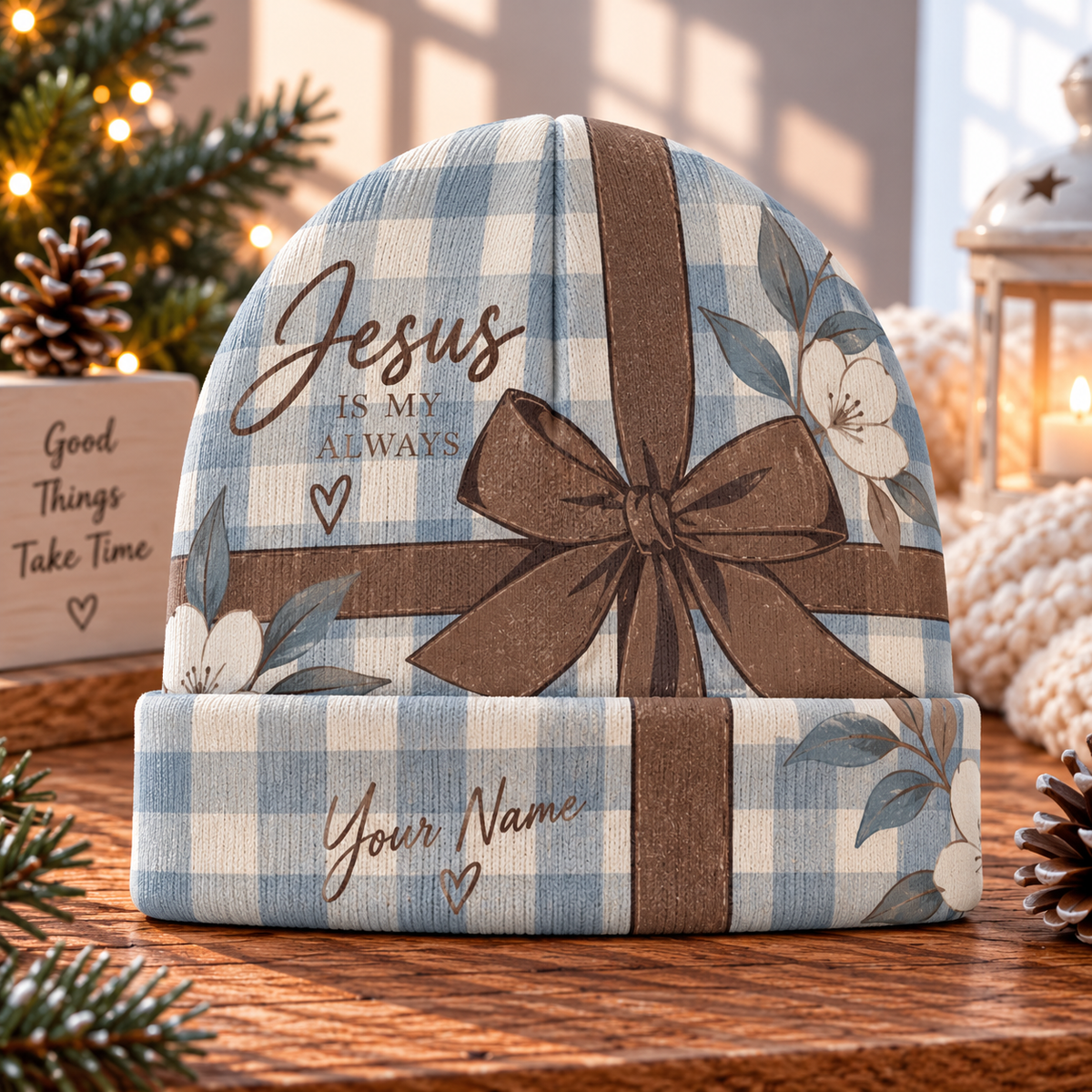 Personalized Blue Gingham Bow Beanie Hat