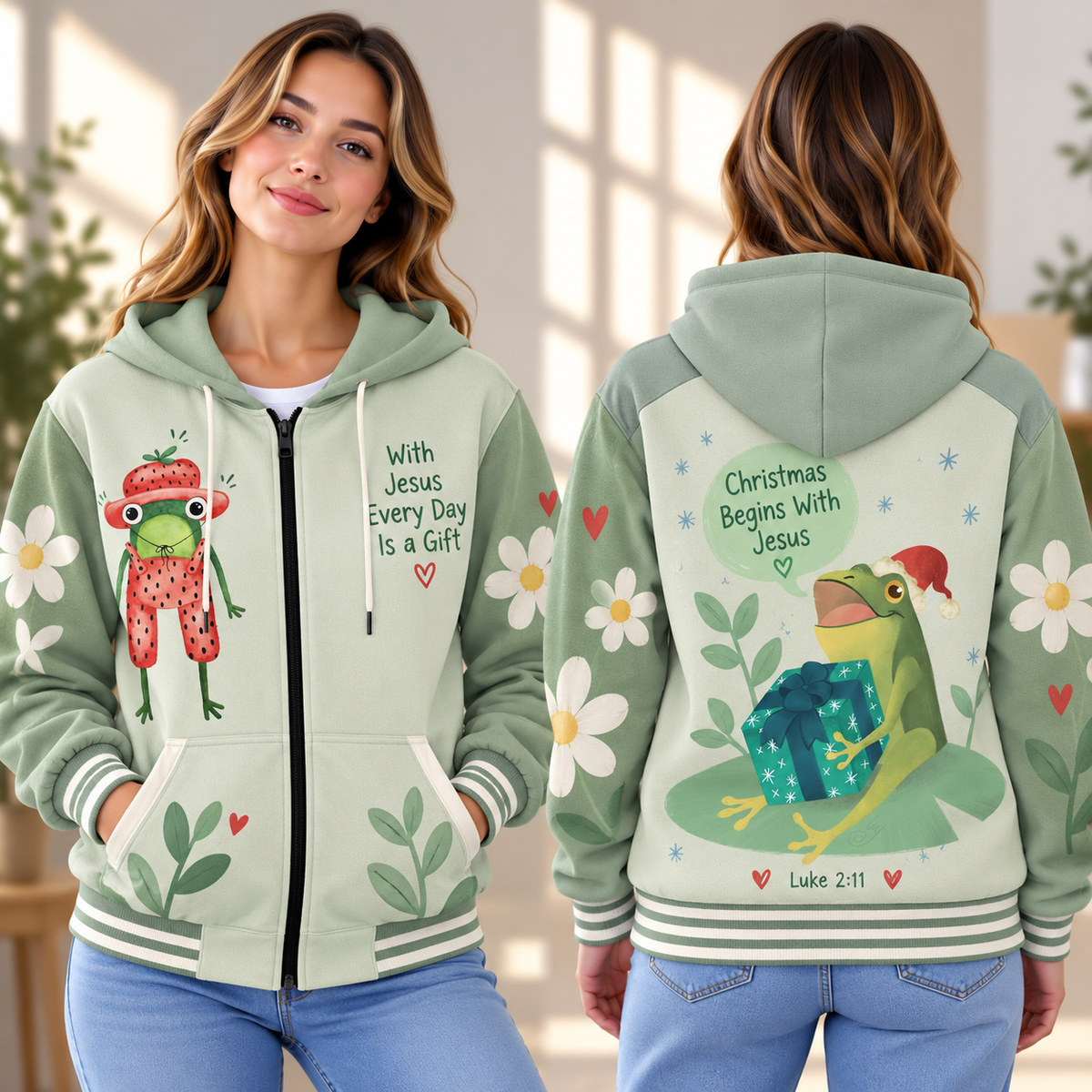 Holiday Gift Frog Zip-up Baseball Jacket