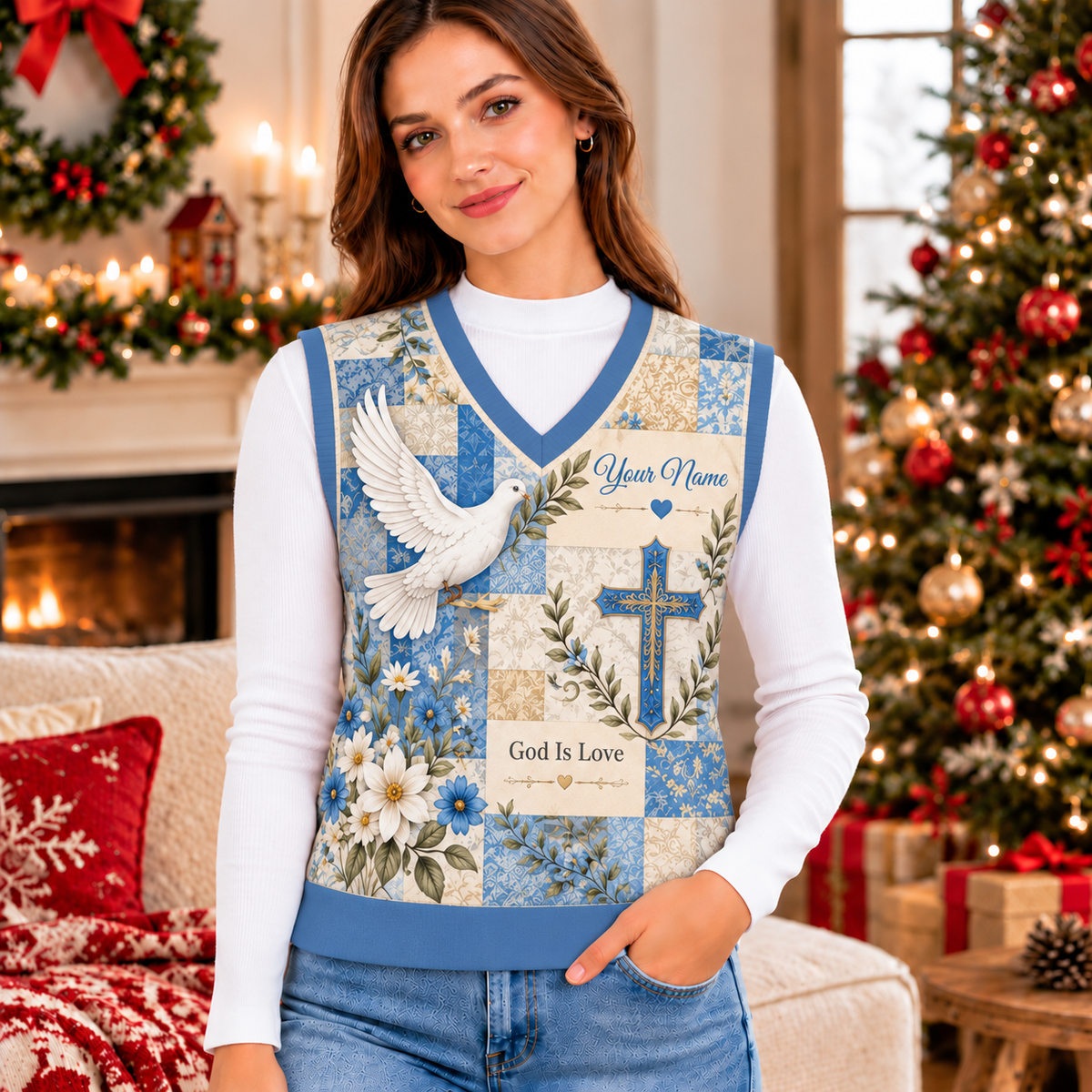 Blue Patchwork Dove Knitted V-Neck Vest