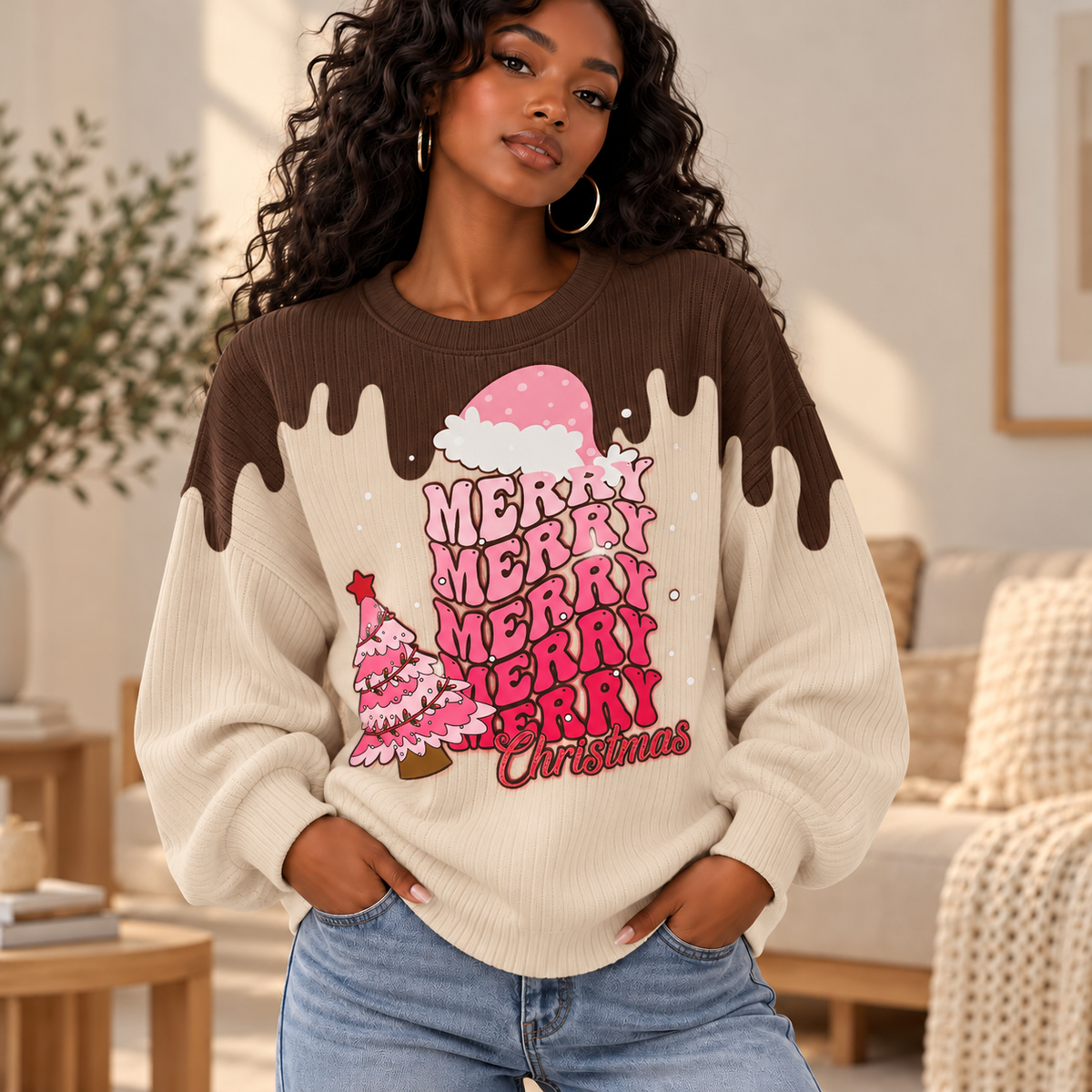 Pink Merry Tree Waffle Sweatshirt