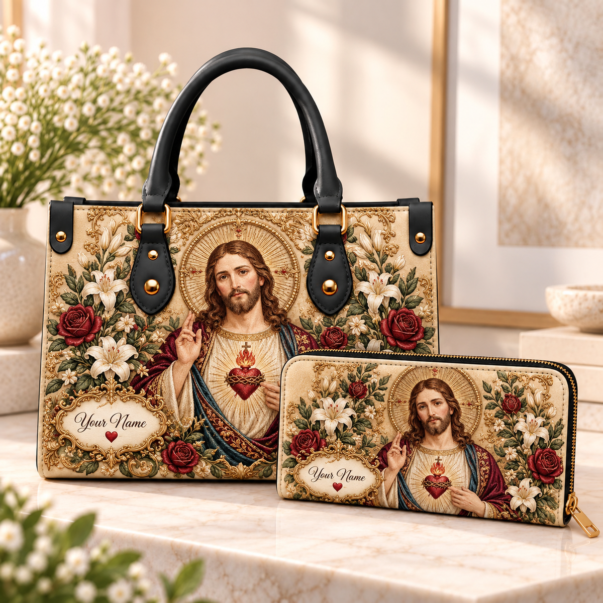 Personalized Vintage Portrait and Flowers PU Leather Handbag & Leather Long Wallet