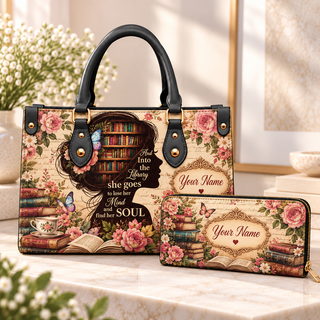 Personalized Floral Library Silhouette PU Leather Handbag & Leather Long Wallet