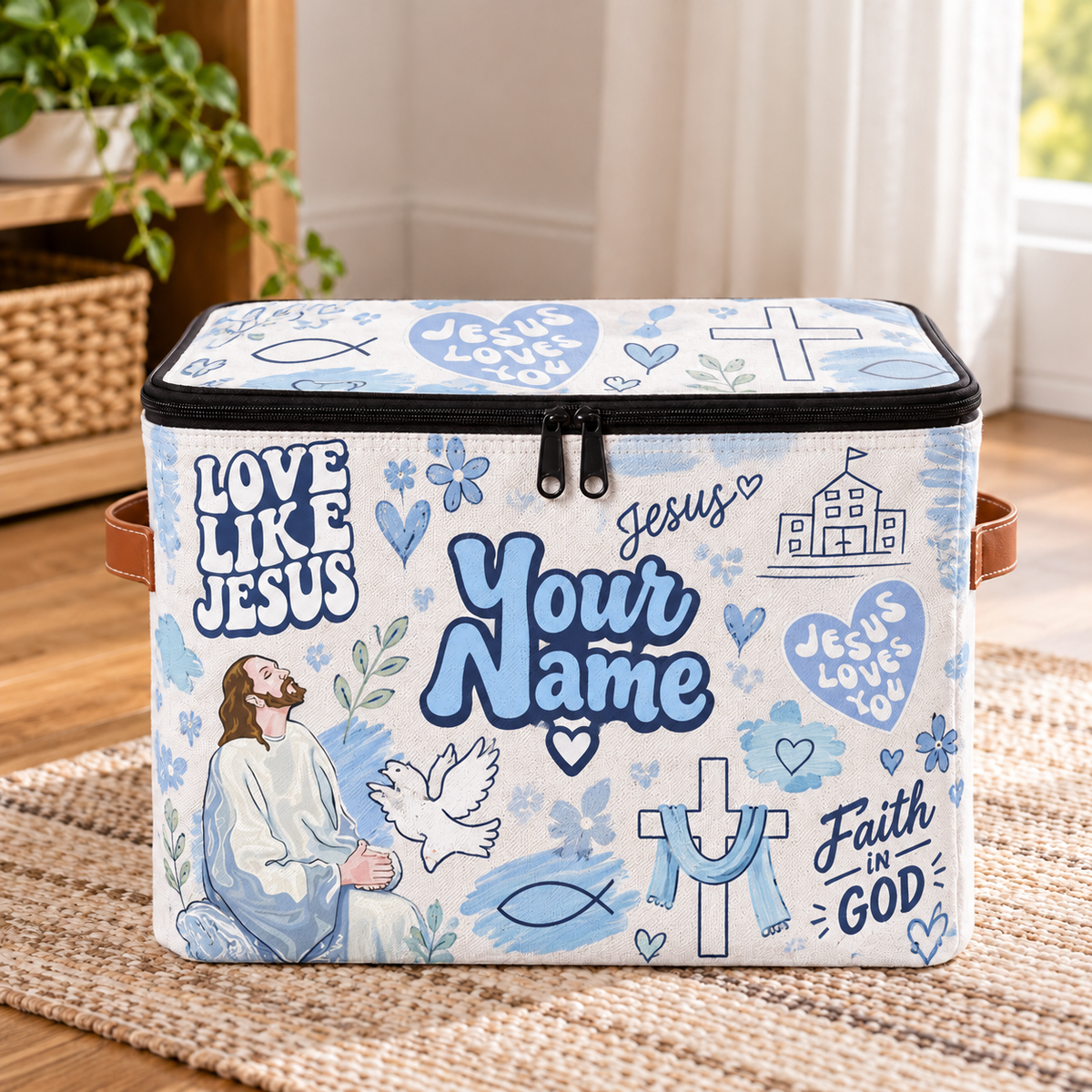Personalized Blue Doodle Square Storage Basket With Lid