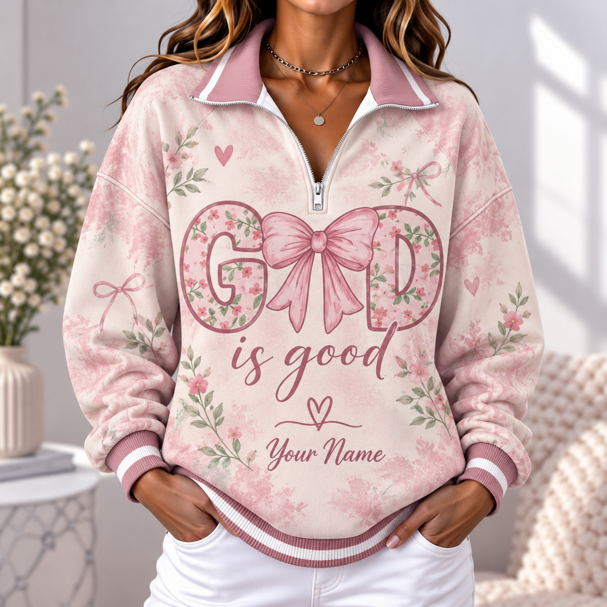 Personalized Pink Floral Women's Half-zip Sweatshirt NWY076
