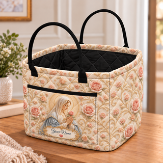 Personalized Blush Rose Vintage Quilted Storage Basket