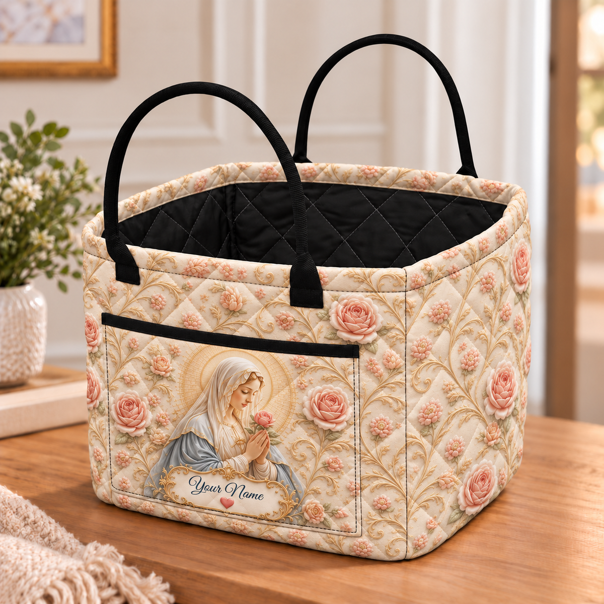 Personalized Blush Rose Vintage Quilted Storage Basket