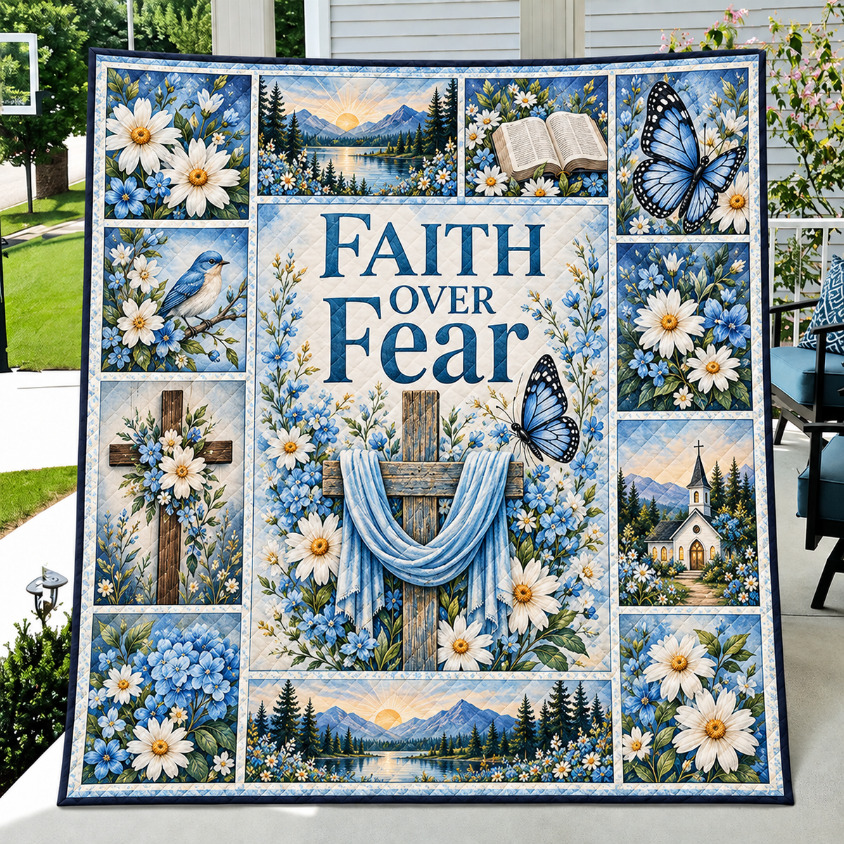 Faith Over Fear Cross Blue Quilt