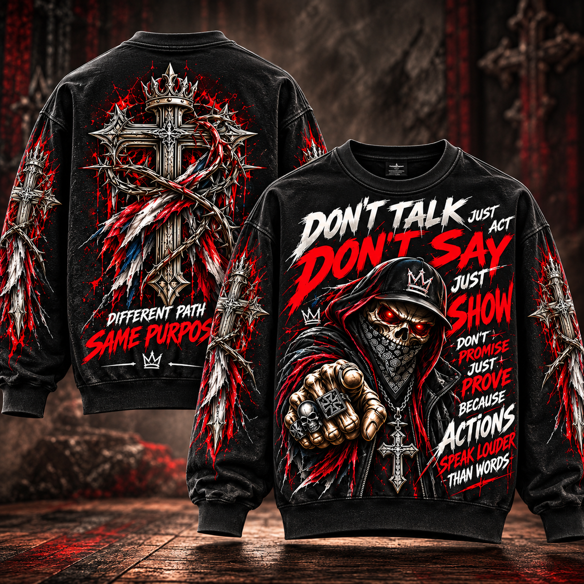 Actions Speak Louder – Red Hooded Skull Sweatshirt