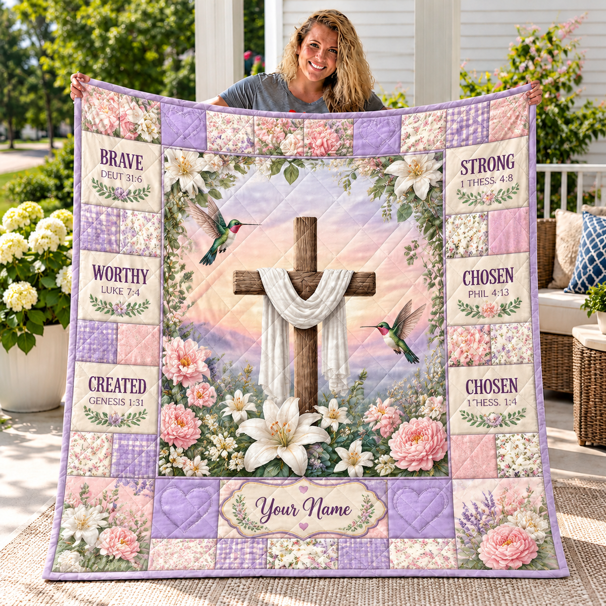 Personalized Lavender Hummingbird Floral Quilt