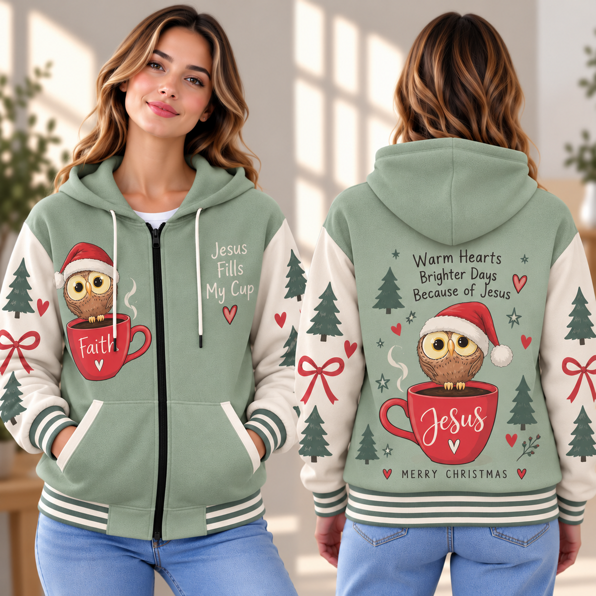 Christmas Owl Mug Zip-up Baseball Jacket