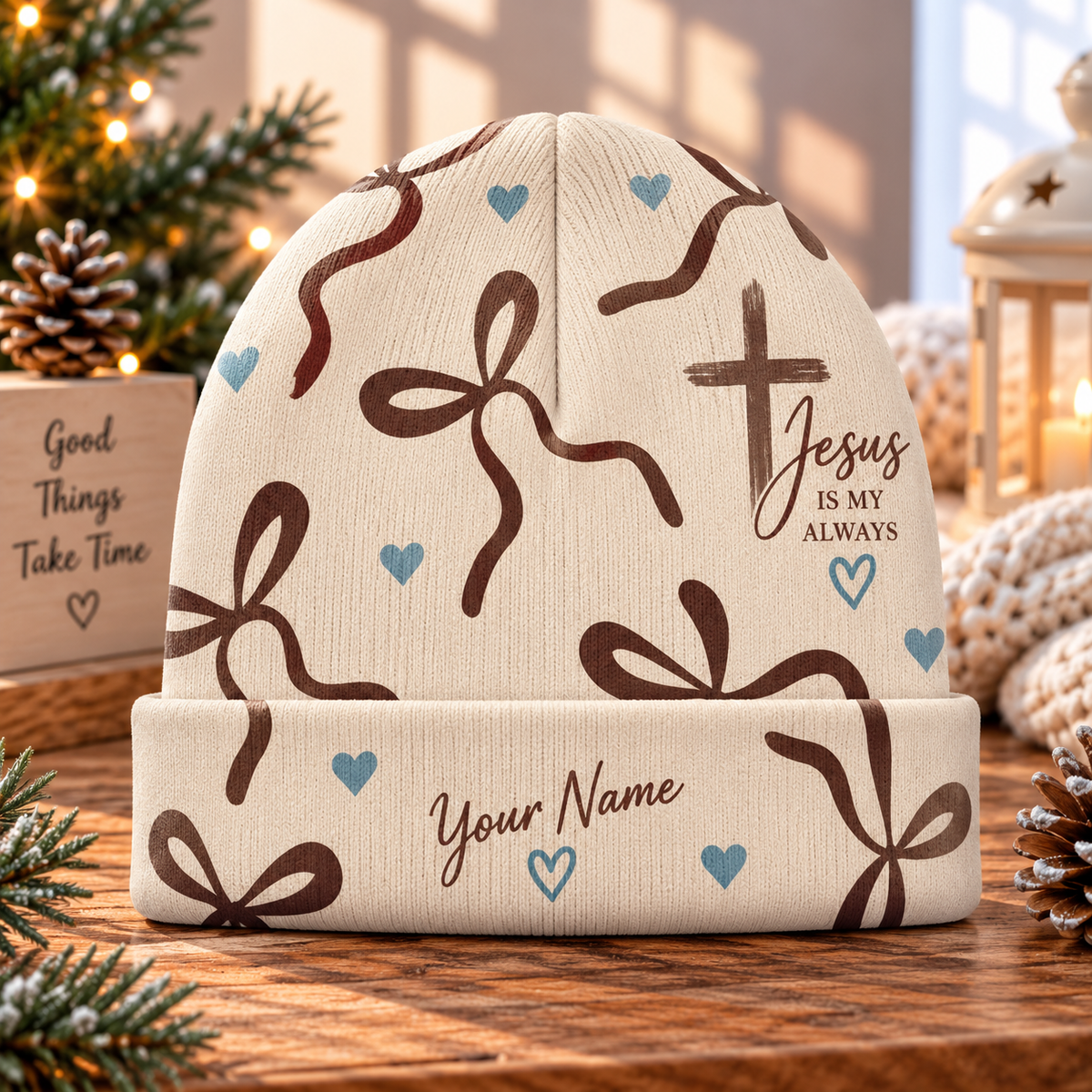 Personalized Brown Bow Blue Heart Beanie Hat