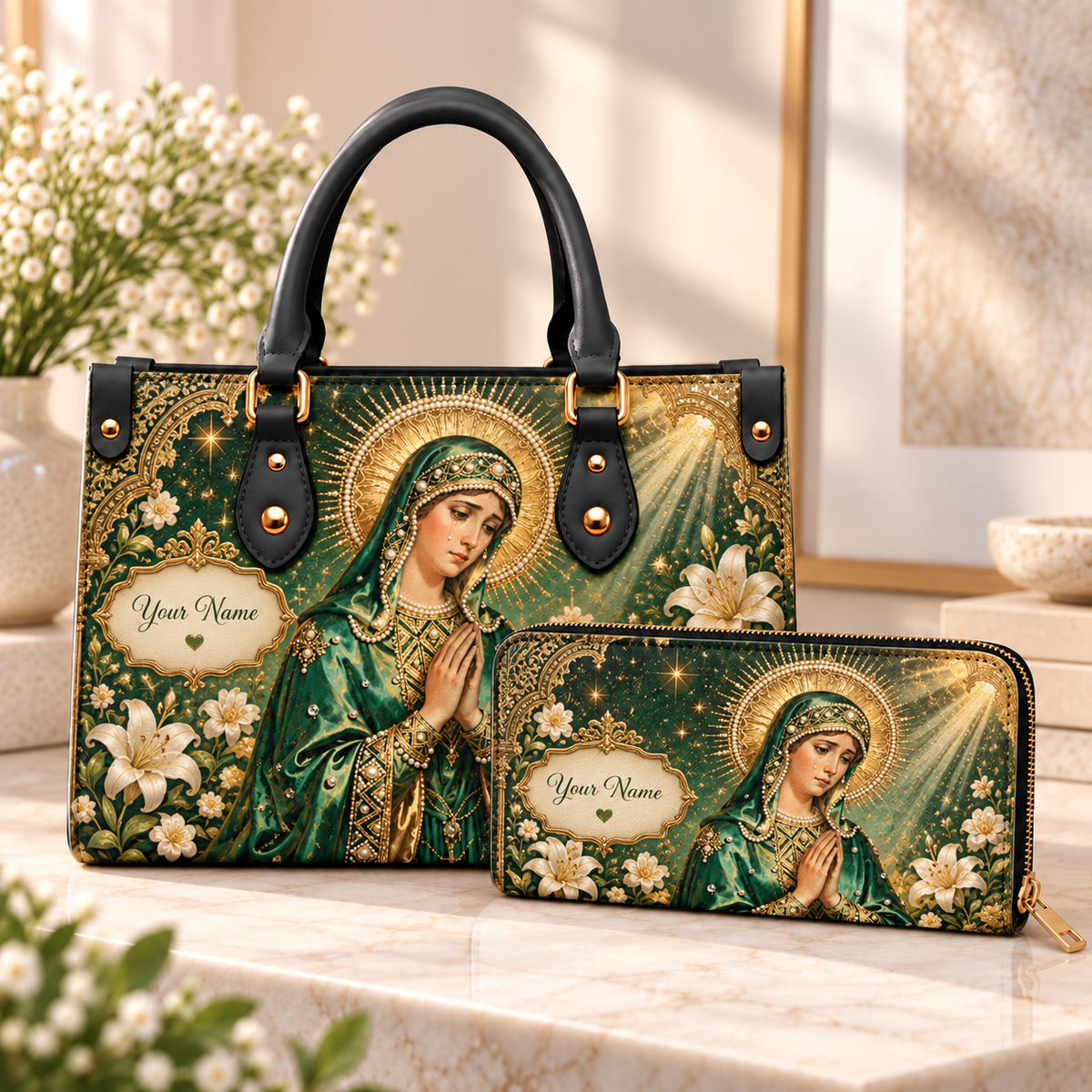 Personalized Emerald Woman and Lilies PU Leather Handbag & Leather Long Wallet