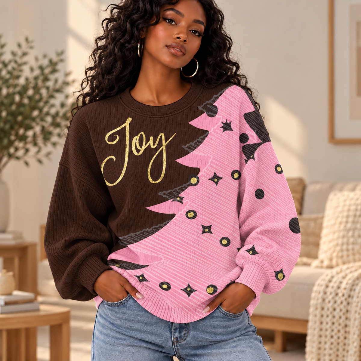 Joy Pink Tree Waffle Sweatshirt
