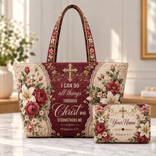 Personalized Burgundy Floral Quilted Shoulder Bag & Storage Bag