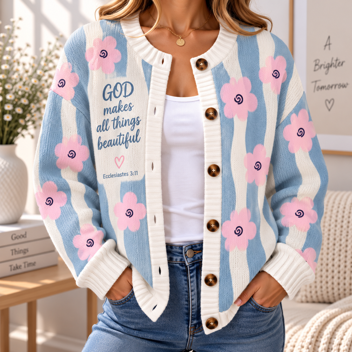 Pink Flower Blue Stripe Women's Cardigan Sweater