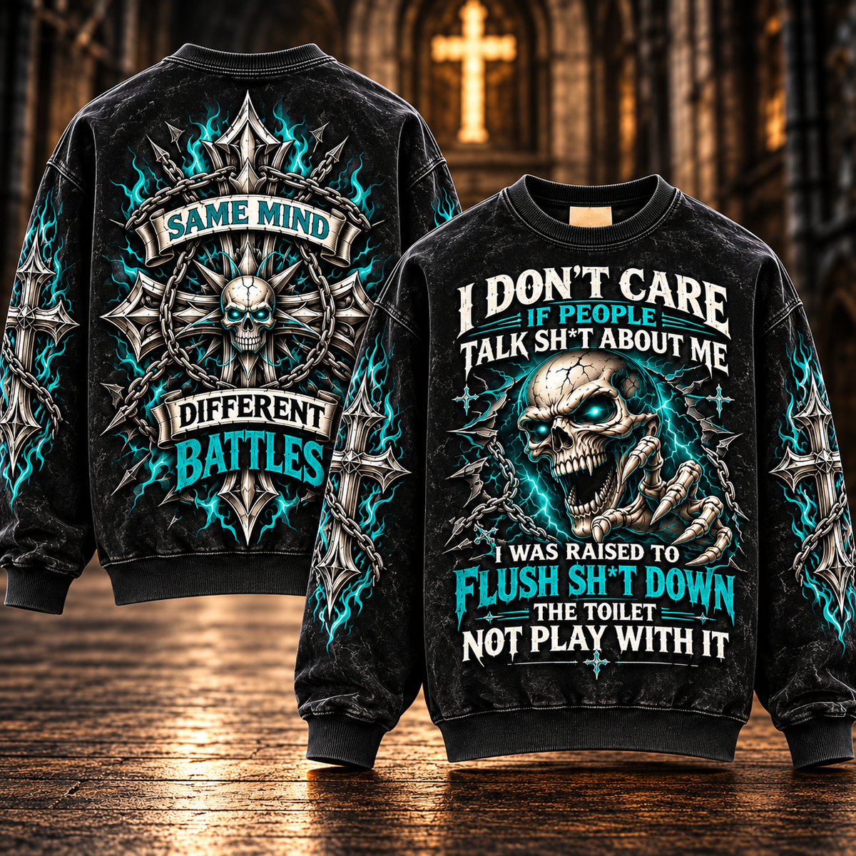 I Don't Care – Funny No Drama Turquoise Skull Sweatshirt