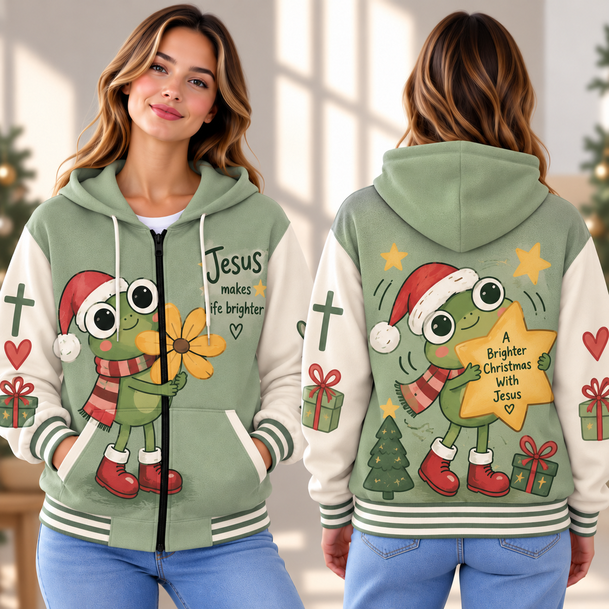 Christmas Star Frog Zip-up Baseball Jacket