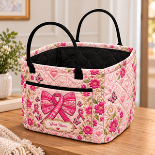Personalized Pink Ribbon Bow Floral Quilted Storage Basket