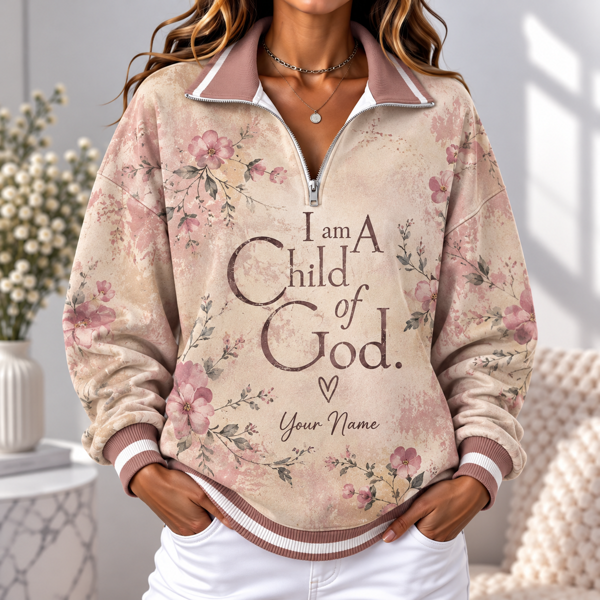 Personalized Vintage Pink Floral Women's Half-zip Sweatshirt NWY076