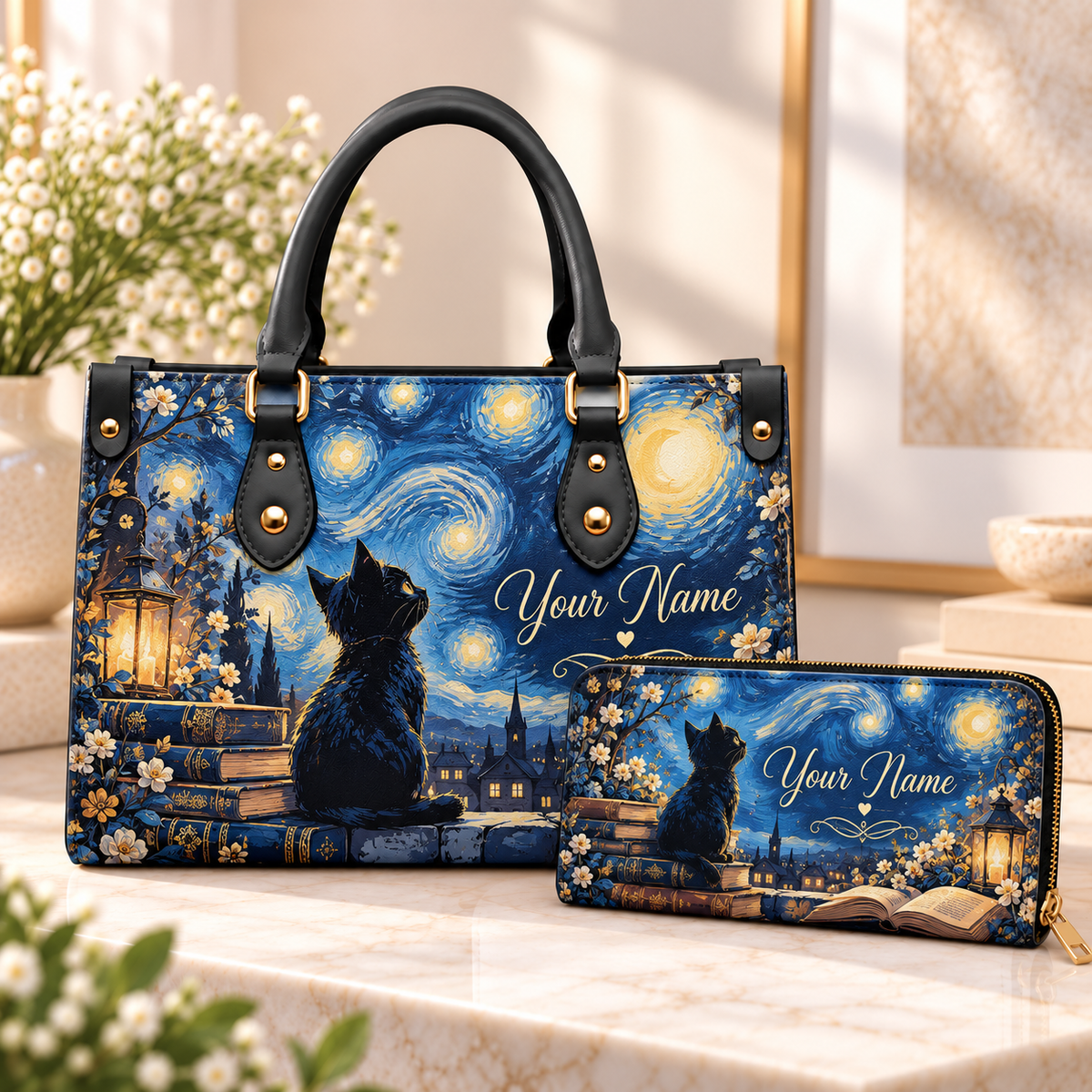 Personalized Starry Night Black Cat PU Leather Handbag & Leather Long Wallet