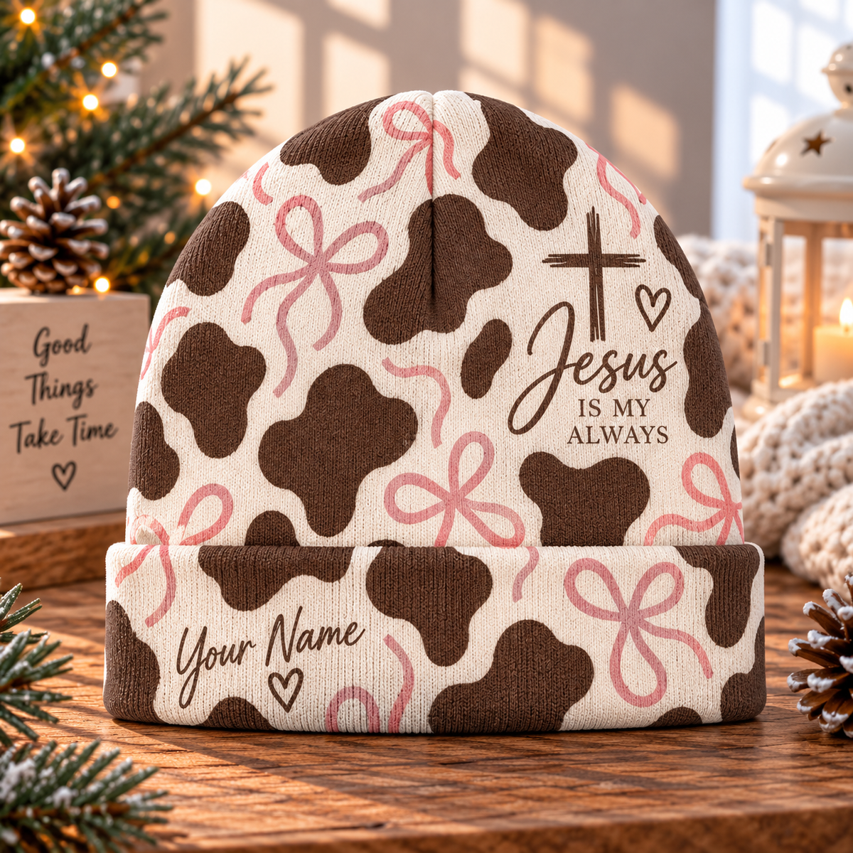 Personalized Cow Print Pink Bow Beanie Hat
