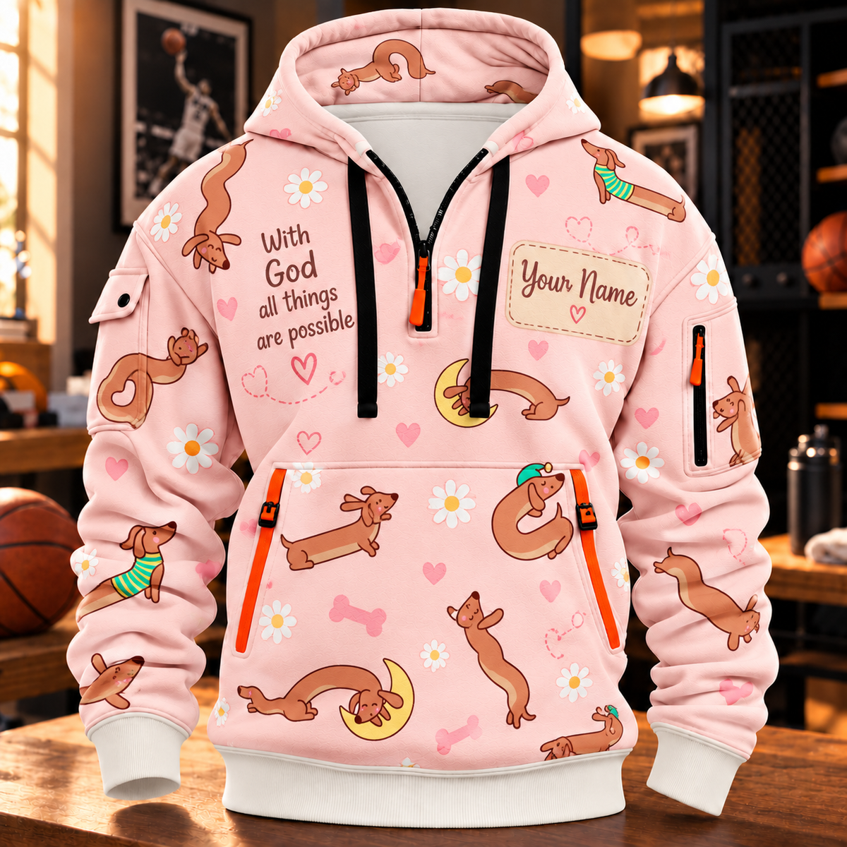Personalized Pink Dachshund Half-Zip Hoodie