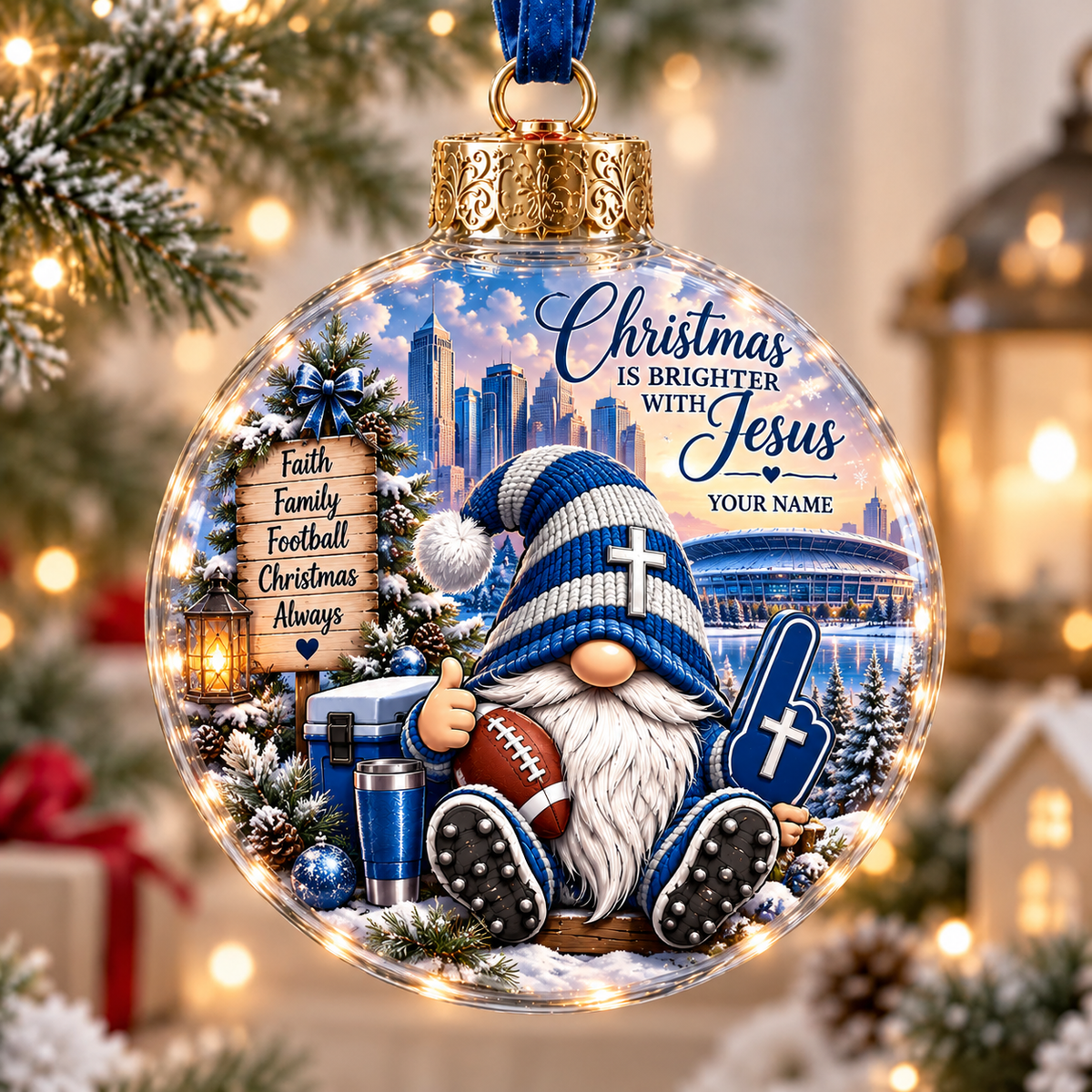 Personalized Blue Stadium Football Gnome Christmas Ball Ornament