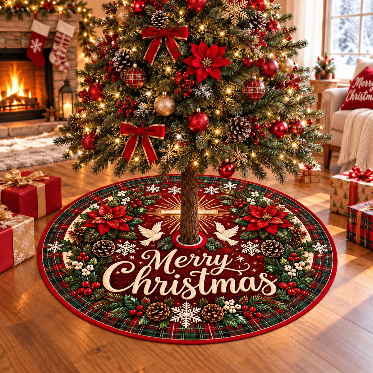 Merry Christmas Cross and Doves Christmas Tree Skirt