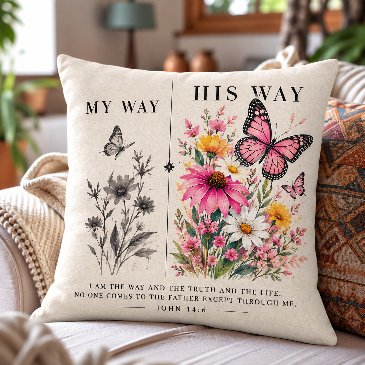 My Way vs His Way Pink Butterfly Pillow