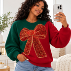 Red Bow Colorblock Waffle Sweatshirt